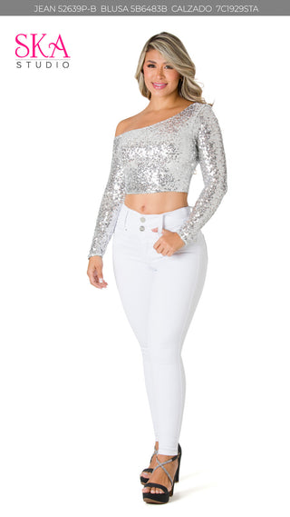 Top Manga Larga con Lentejuelas 5B6483B - Plateado