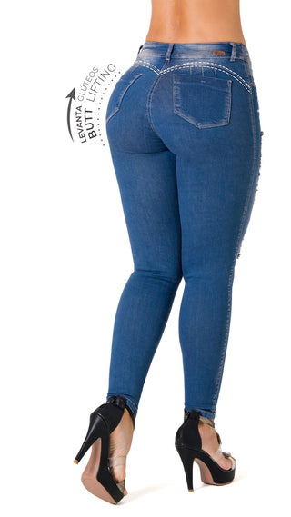 Jean Skinny Rasgado con Detalles Brillantes Chnt 71380DPDT-B - Azul Medio