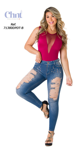 Jean Skinny Rasgado con Detalles Brillantes Chnt 71380DPDT-B - Azul Medio