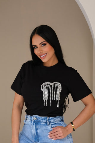Blusa Manga Corta con Aplique Plateado 5B6916B - Negro