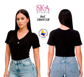 Blusa Manga Corta Cuello en V 5B6915B - Negro