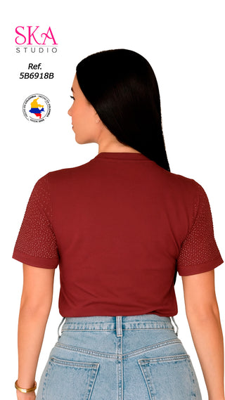 Blusa Con Brillos en las Mangas 5B6918B - Vinotinto