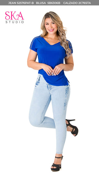 Blusa con Detalles en Manga 5B6306B - Azul