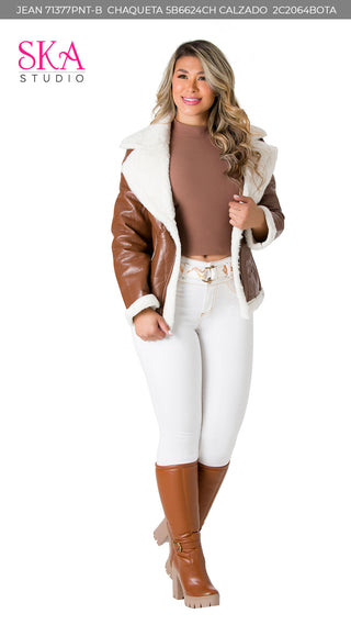 Chaqueta Afelpada Efecto Cuero 5B6624CH - Cafe