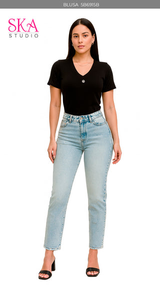 Blusa Manga Corta Cuello en V 5B6915B - Negro