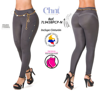 Legging Levantacola con Faja y Cadena Decorativa Chnt 7L943BPCP-N - Gris