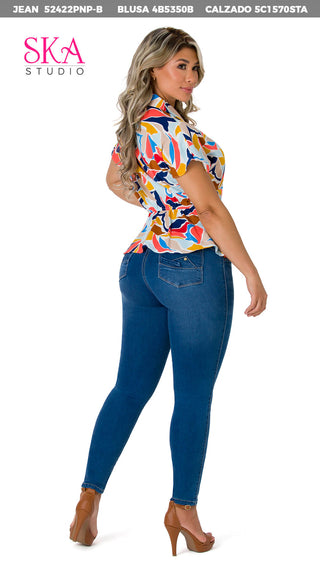  Jeans Tiro Alto Con Bolsillos Estilo Moda 52422PNP-B - Azul Medio