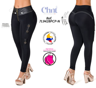 Legging Levantacola con Faja Interna y Cierre Chnt 7L942BPCP-N - Negro