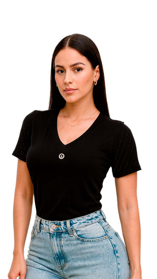 Blusa Manga Corta Cuello en V 5B6915B - Negro