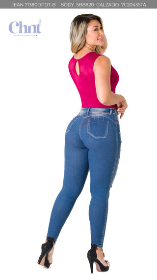 Jean Skinny Rasgado con Detalles Brillantes Chnt 71380DPDT-B - Azul Medio