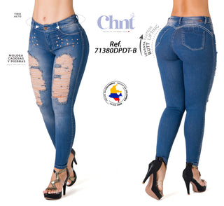 Jean Skinny Rasgado con Detalles Brillantes Chnt 71380DPDT-B - Azul Medio