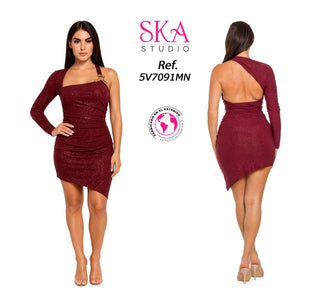Vestido Asimetrico Con Brillo 5V7091MN - Vinotinto