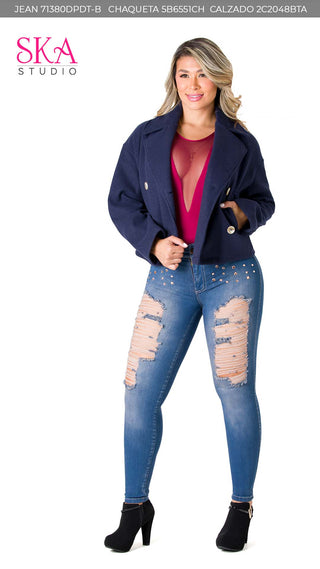 Chaqueta Cuello Camisero y Detalles con Botones 5B6551CH - Azul