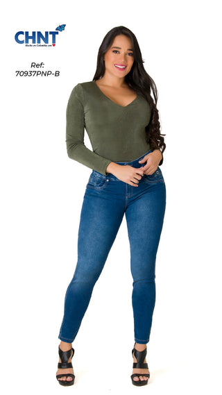 Ermina Jeans Skinny Levanta Cola Tiro Alto 70937PNP-B - Azul Medio