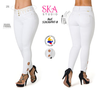Jean con Botones Dorados y Detalles en Bota Ska 52636PAT-B - Blanco