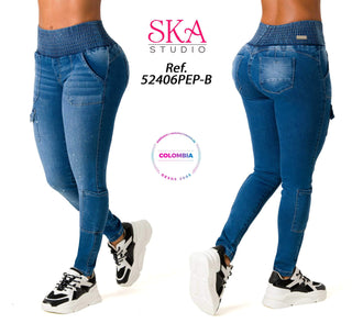 Hillary Jeans Levanta Cola Skinny Estilo Cargo 52406PEP-B - Azul Medio