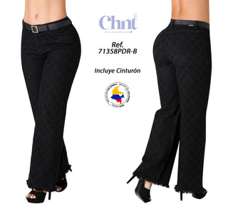 Jean Wide Leg con Textura de Diamante Chnt 71358PDR-B - Negro