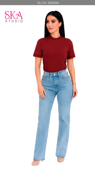 Blusa Con Brillos en las Mangas 5B6918B - Vinotinto