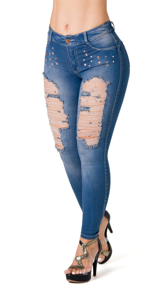 Jean Skinny Rasgado con Detalles Brillantes Chnt 71380DPDT-B - Azul Medio