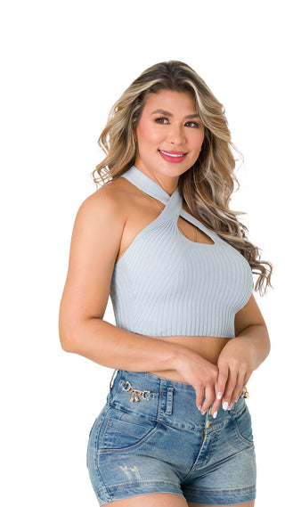 Blusa Cuello Halter Cruzado 4B6266C - Azul