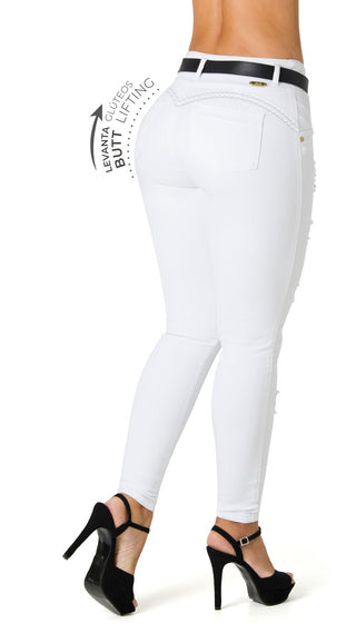 Jean LevantaCola Destroyer con Cinturón Chnt 71392DPNP-B - Blanco