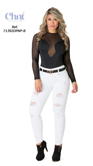 Jean LevantaCola Destroyer con Cinturón Chnt 71392DPNP-B - Blanco