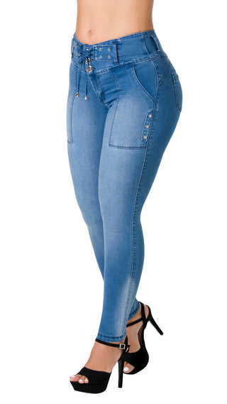 Jean Push – Up con Diseño de Tres Botones Chnt 71378PAP-B - Azul Medio