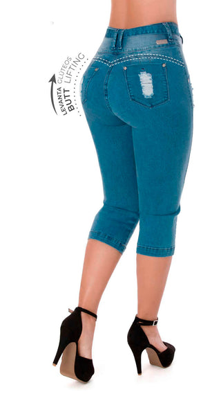  Capris Levantacola Tiro Alto Desgastado 71171DCAPN-B - Azul Claro