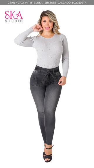 Suéter con Detalles de Perlas 5B6605B - Gris