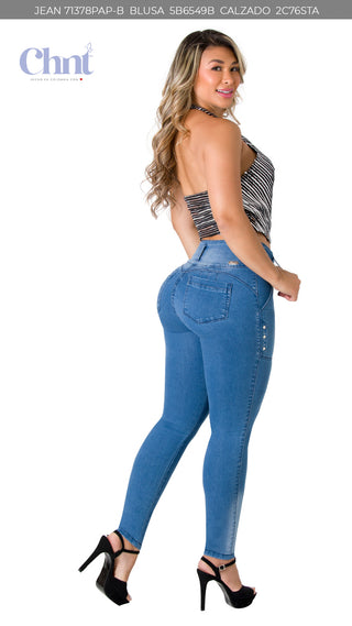 Jean Push – Up con Diseño de Tres Botones Chnt 71378PAP-B - Azul Medio