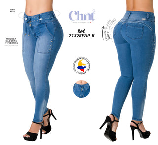 Jean Push – Up con Diseño de Tres Botones Chnt 71378PAP-B - Azul Medio