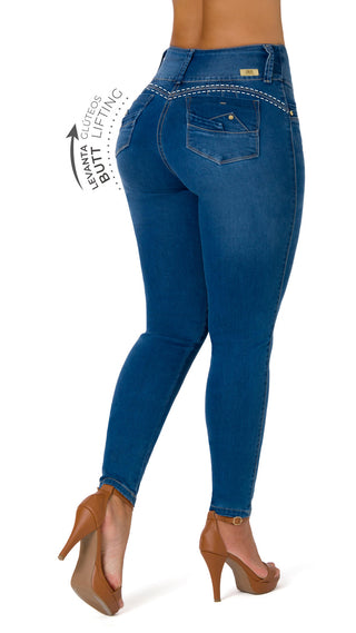  Jeans Tiro Alto Con Bolsillos Estilo Moda 52422PNP-B - Azul Medio