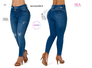  Jeans Tiro Alto Con Bolsillos Estilo Moda 52422PNP-B - Azul Medio