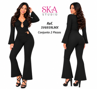 Black Cutout Top & Flare Pants Two-Piece Set 5V6939LMX