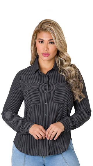Blusa manga larga y cuello camisero 7B5830B - Negro