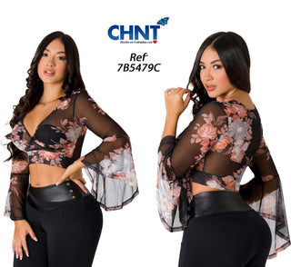Blusa En Mesh Manga Larga 7B5479C - Estampado