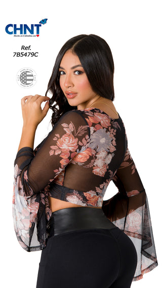 Blusa En Mesh Manga Larga 7B5479C - Estampado