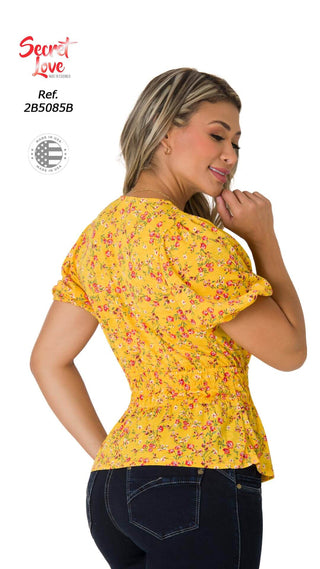 Blusa Floral Con Cintura Fruncida 2B5085B - Amarillo