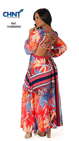 Vestido Largo Con Abertura 7V4860MX - Estampado