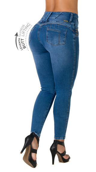 Jennilee Jeans Tiro Alto Levantacola Bota Skinny 21291PAP-B - Azul Medio