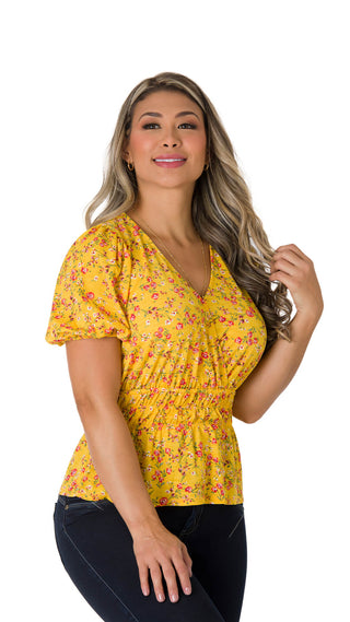 Blusa Floral Con Cintura Fruncida 2B5085B - Amarillo