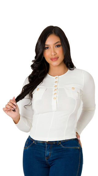 Blusa Con Botones Dorados 4B4912B - Blanco