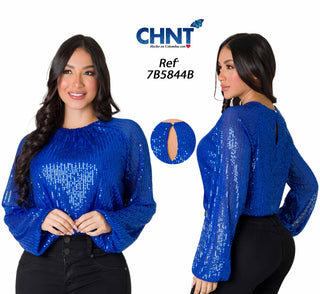 Blusa Manga Larga Con Lentejuelas 7B5844B - Azul
