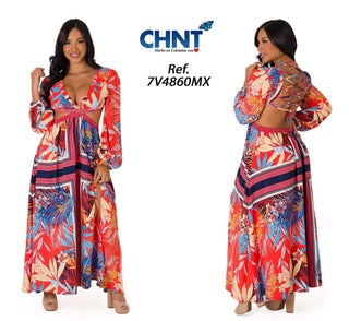 Vestido Largo Con Abertura 7V4860MX - Estampado