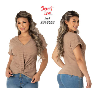 Blusa Con Escote En V Y Nudo Fijo 2B4865B - Beige
