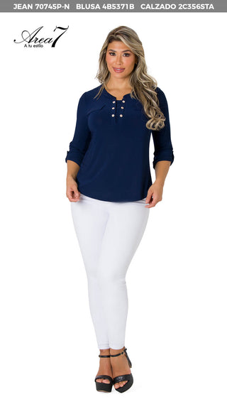  Blusa De Mangas 3/4 Con Botones Ribeteados 4B5371B - Azul