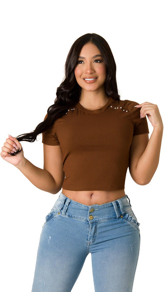 Blusa Manga Corta Con Detalle De Perlas Y Cuello En V 4B5059C - Cafe