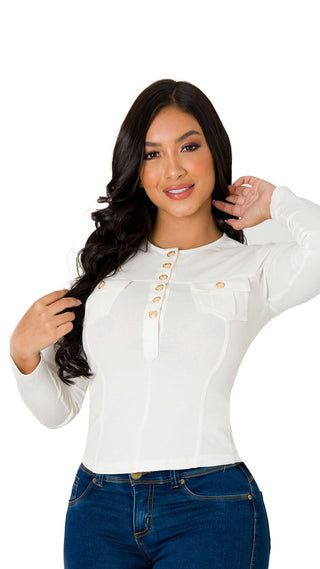 Blusa Con Botones Dorados 4B4912B - Blanco