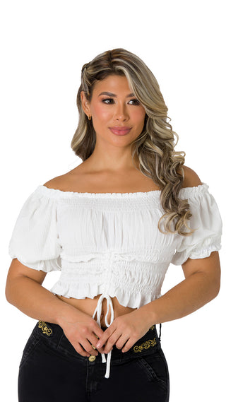  Blusa Fruncida Con Manga Resorte 4B5416B - Blanco