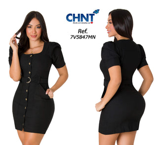 Minivestido Con Botones Y Cinturon 7V5847MN - Negro